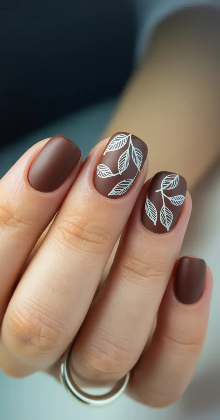 Fall Nail Design for October 2025 Matte Chocolate with Delicate Leaf Art
