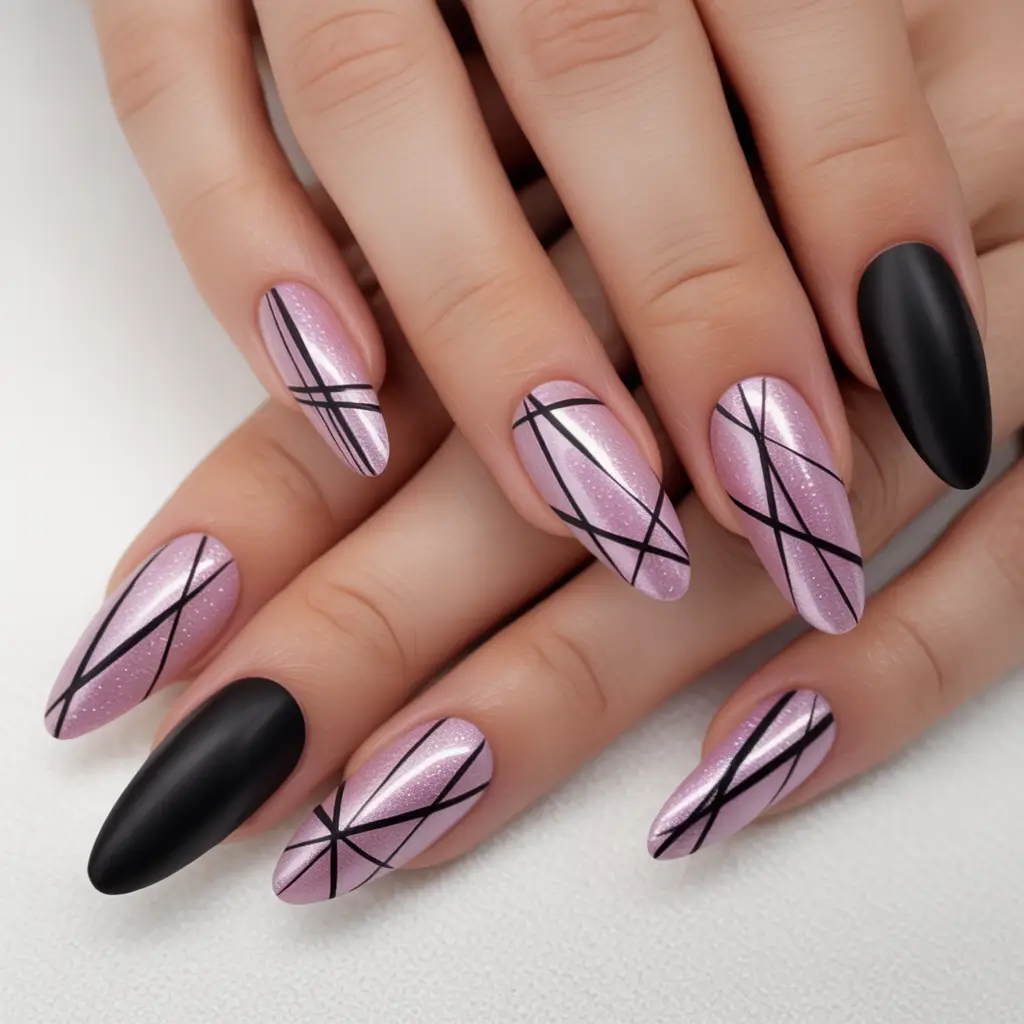 Fall Nail Design for October 2025 Pink Sparkle with Black Lines