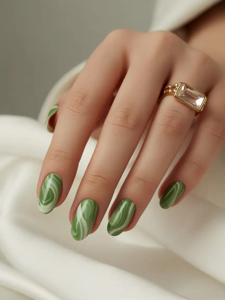 Fall Nail Design for October 2025 Soft Green Marble Effect