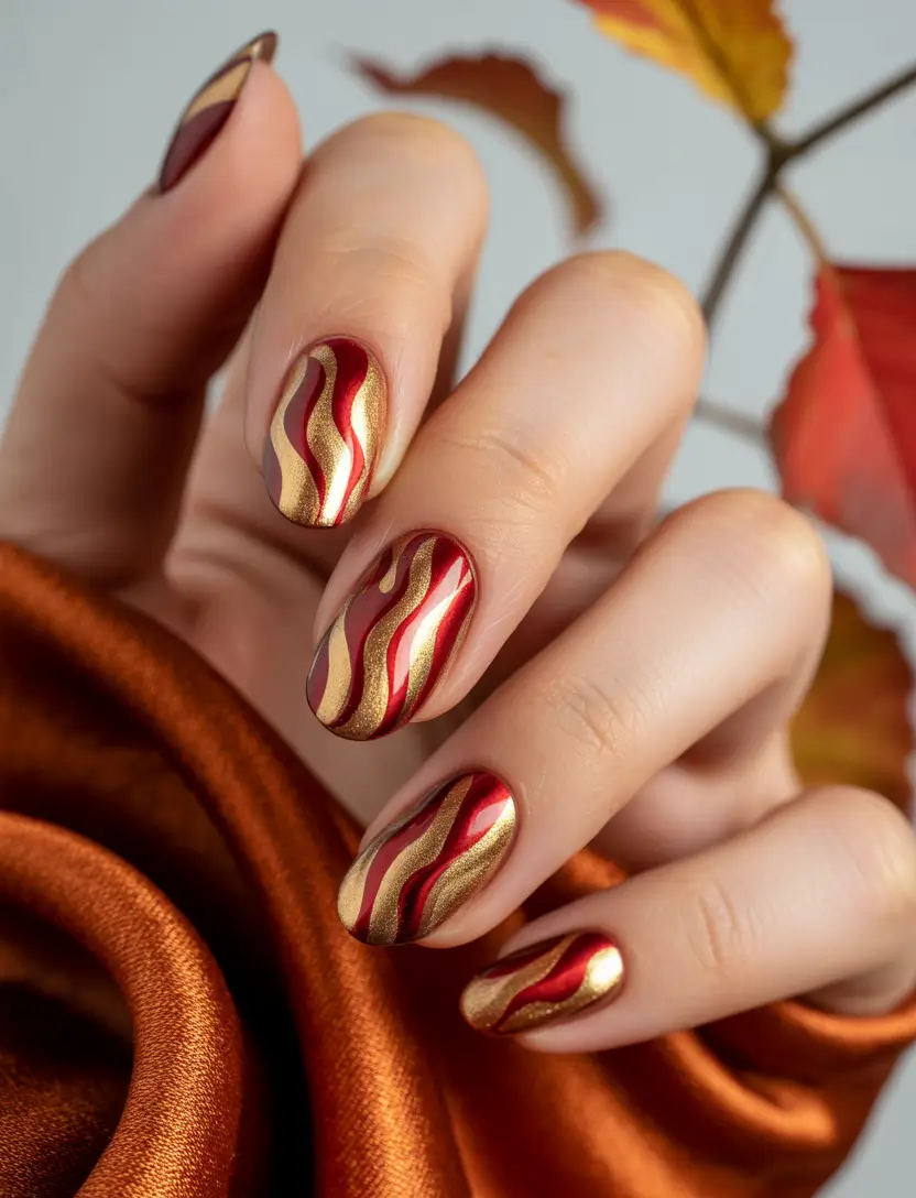 Fall Nail Design for October 2025 Golden Flames on Crimson