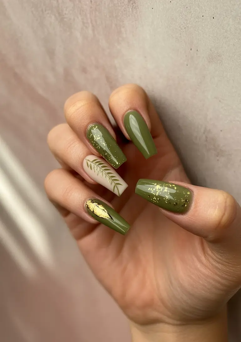 Fall Nail Design for October 2025 Olive Green with Botanical Touches