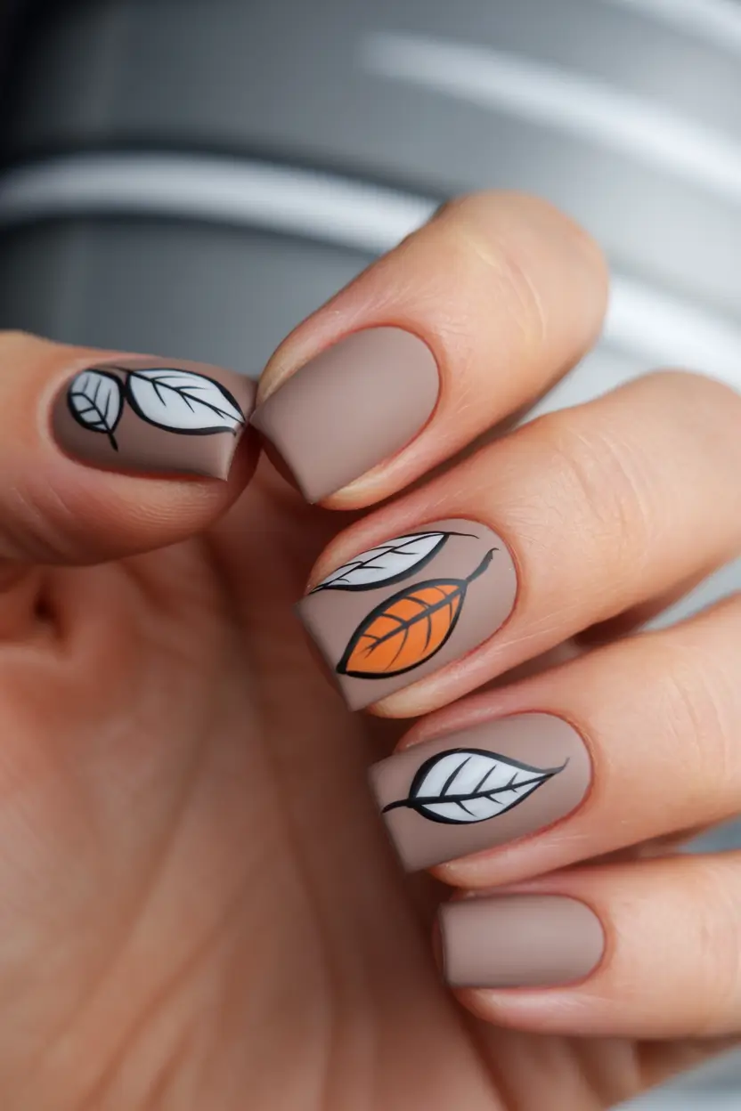 Fall Nail Design for October 2025 Minimalist Taupe with Graphic Leaves