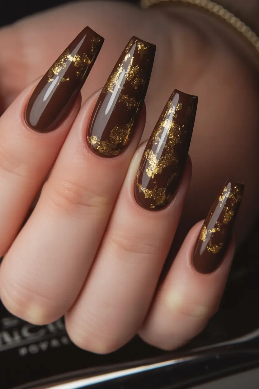 Fall Nail design for October 2025 Chocolate Luxe with Gold Leaf