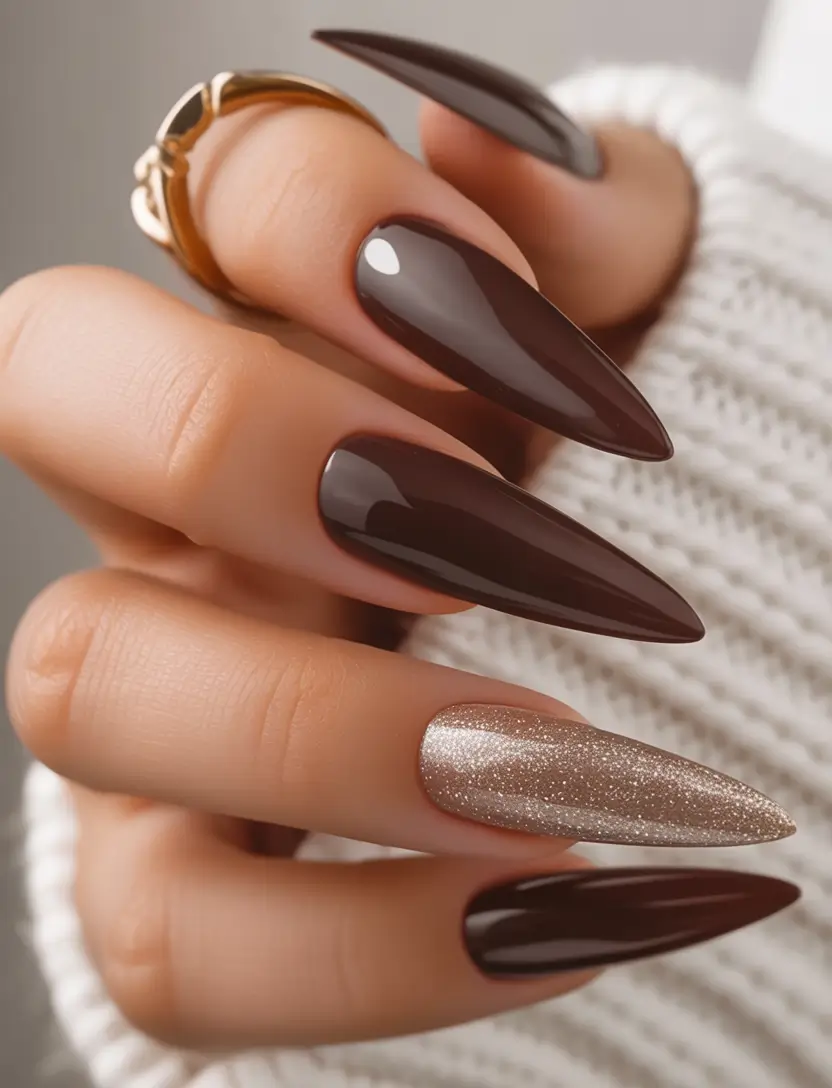Fall Nail design for October 2025 Dark Mocha with a Hint of Sparkle
