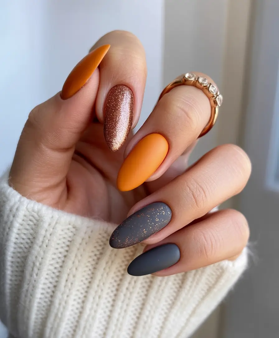 Fall Nail design for October 2025 Matte Pumpkin and Smoky Grey Combo