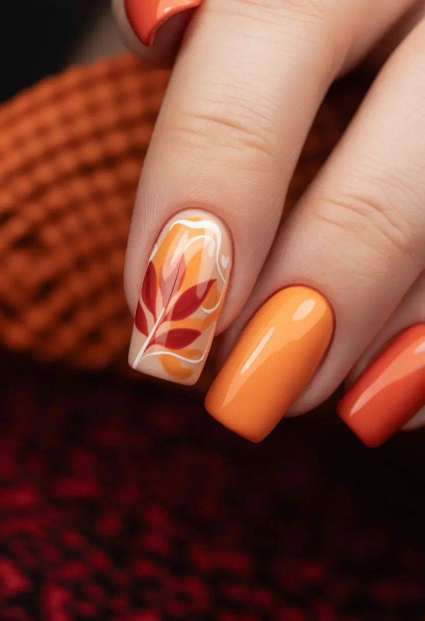 Fall Nail design for October 2025 Golden Autumn Leaf Accent