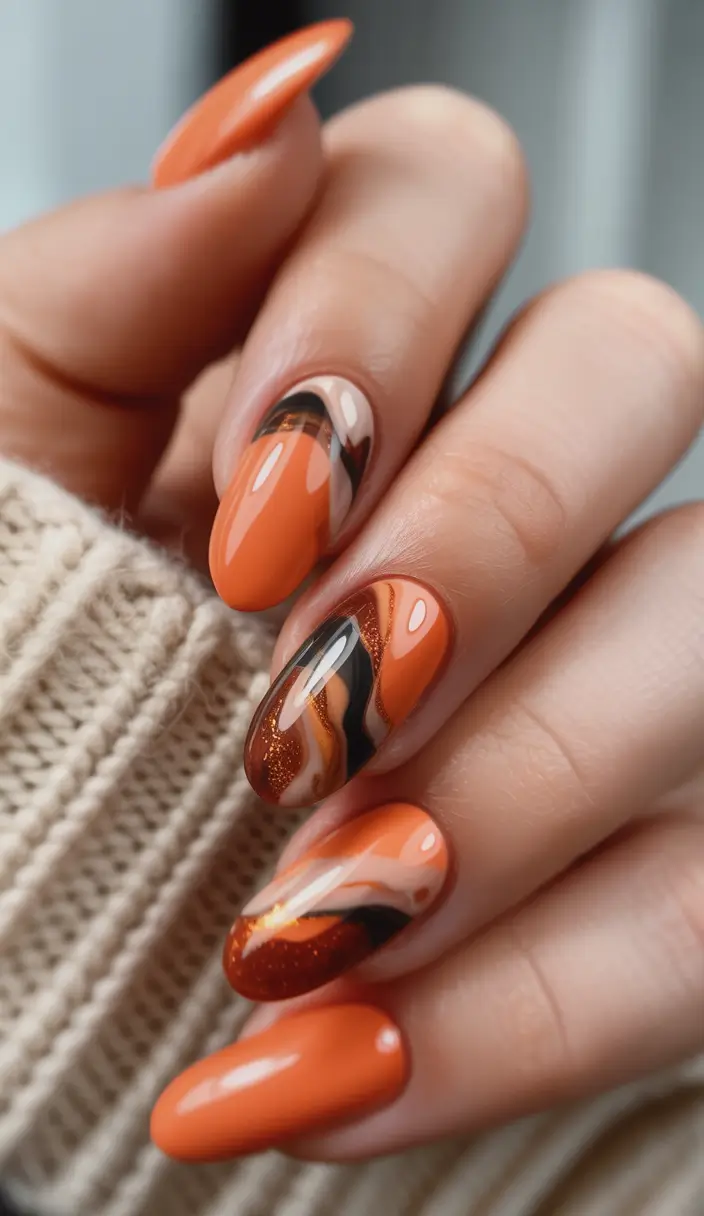 Fall Nail design for October 2025 Swirled Pumpkin Spice Energy