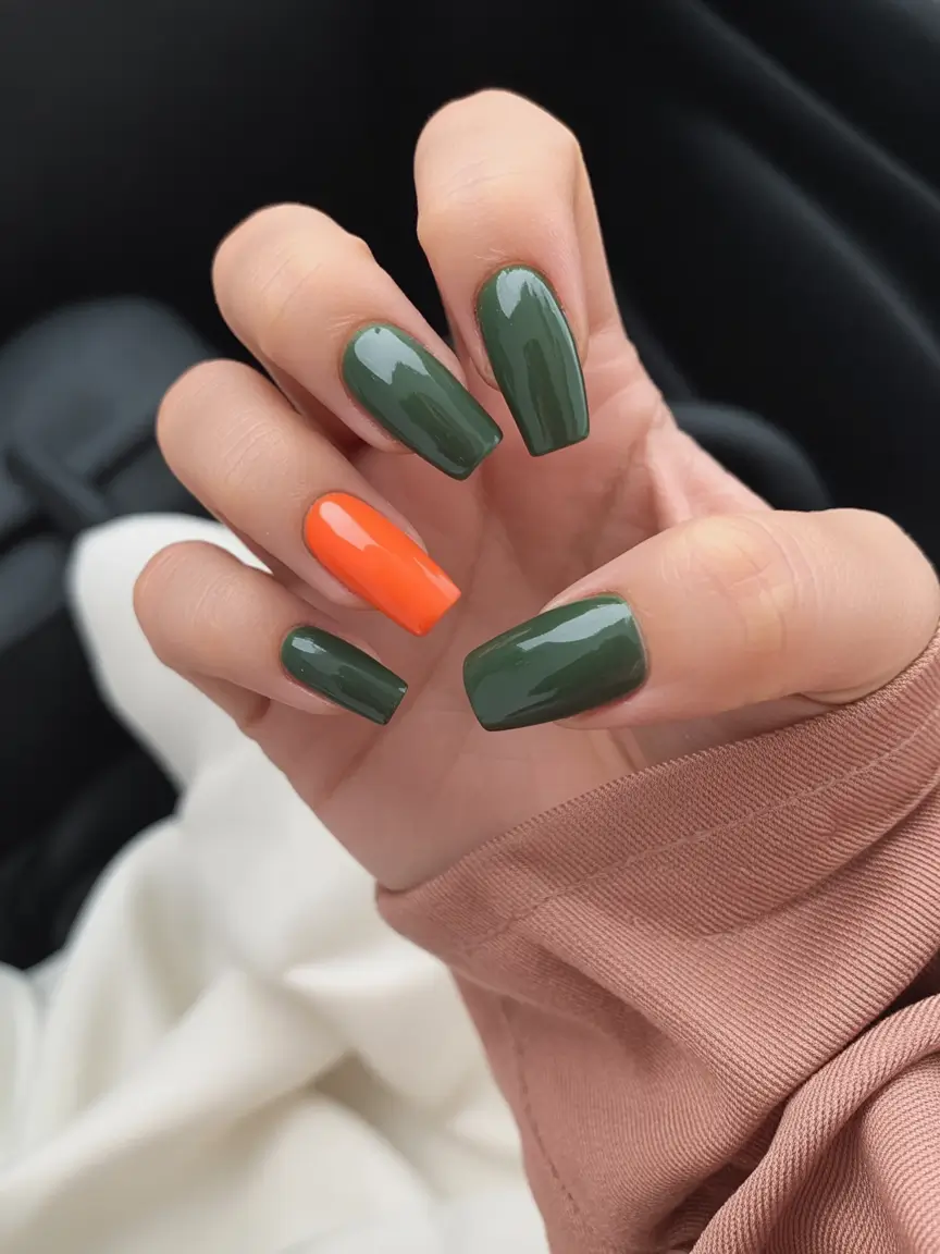 Fall Nail design for October 2025 Green and Orange Contrast