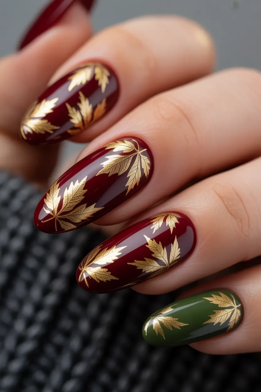 Fall Nail design for October 2025 Golden Maple Leaf Glam