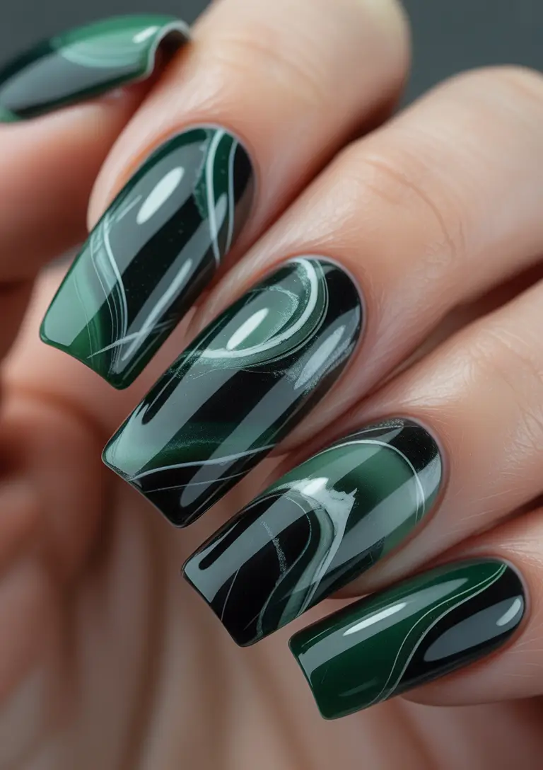 Fall Nail Design for October 2025 Emerald Swirl Elegance