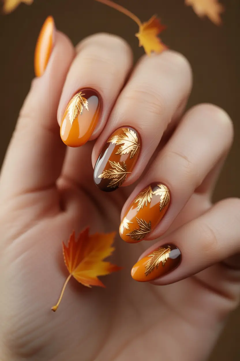Fall Nail Design for October 2025 Golden Maple Leaves on Burnt Orange