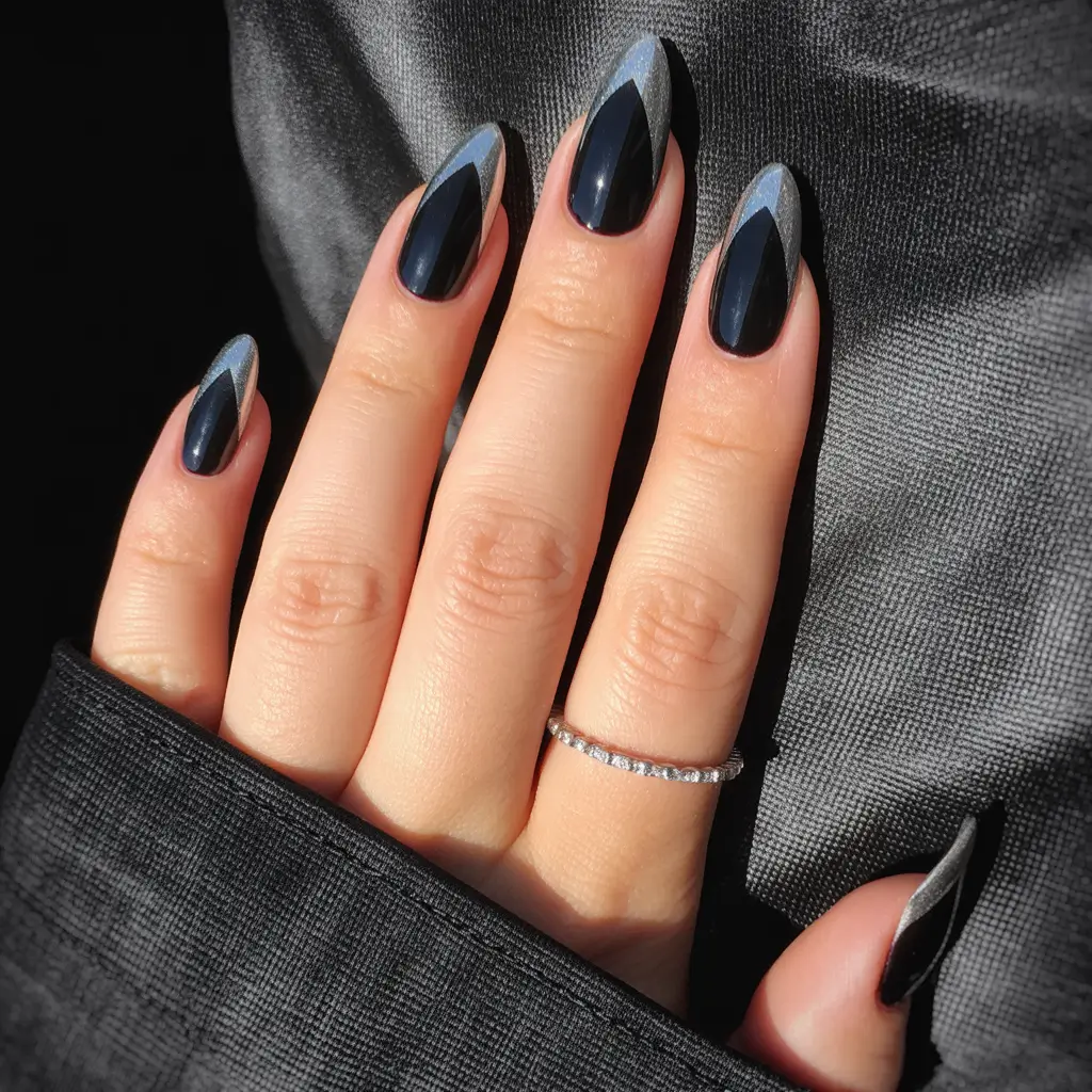 Fall Nail Design for October 2025 Edgy Black and Silver Geometry