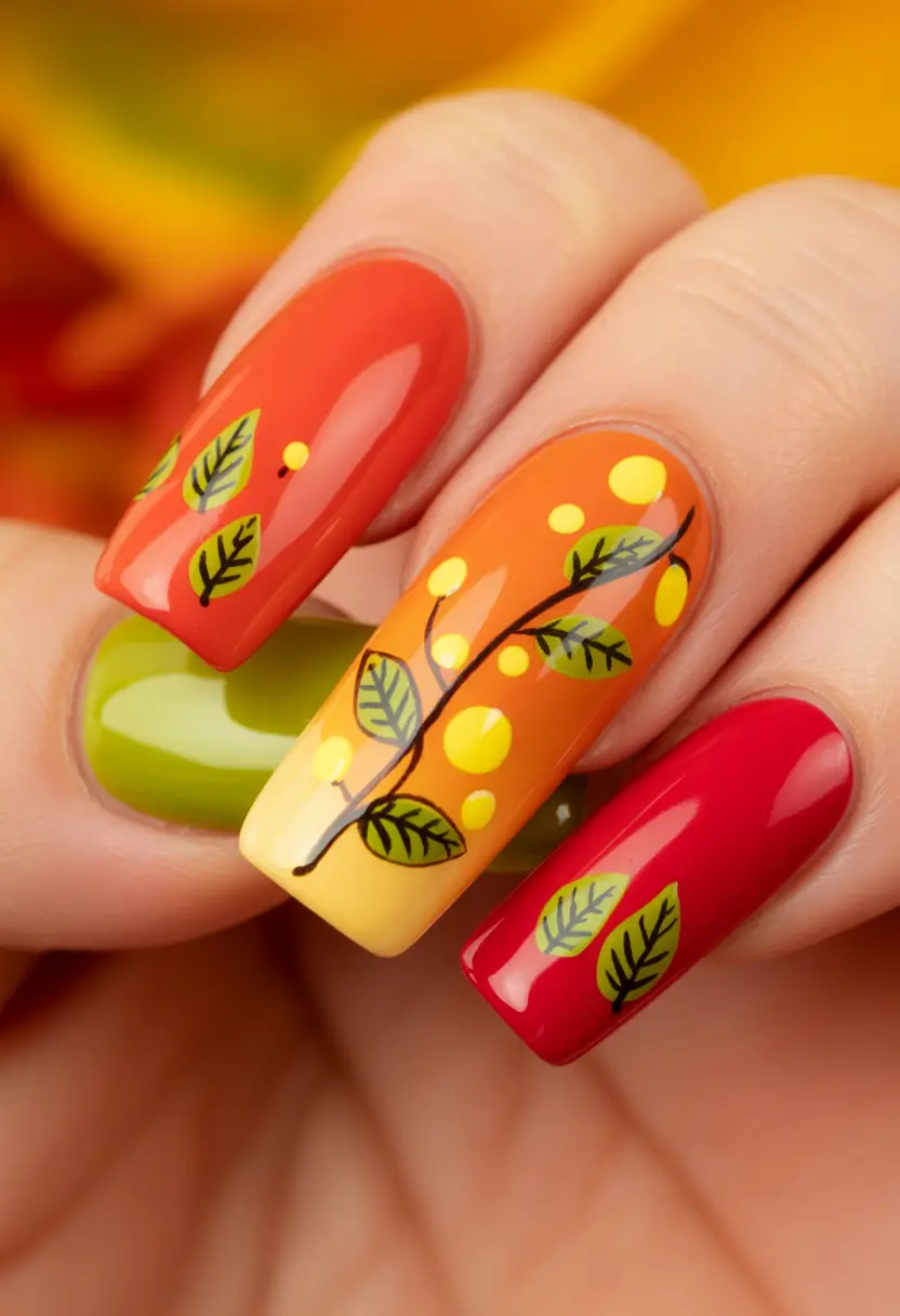 Fall Nail Design for October 2025 Playful Autumn Ombre with Leaf Art