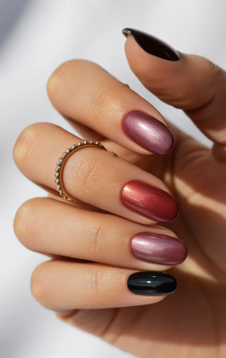 Fall Nail Design for October 2025 Metallic Berry Glow