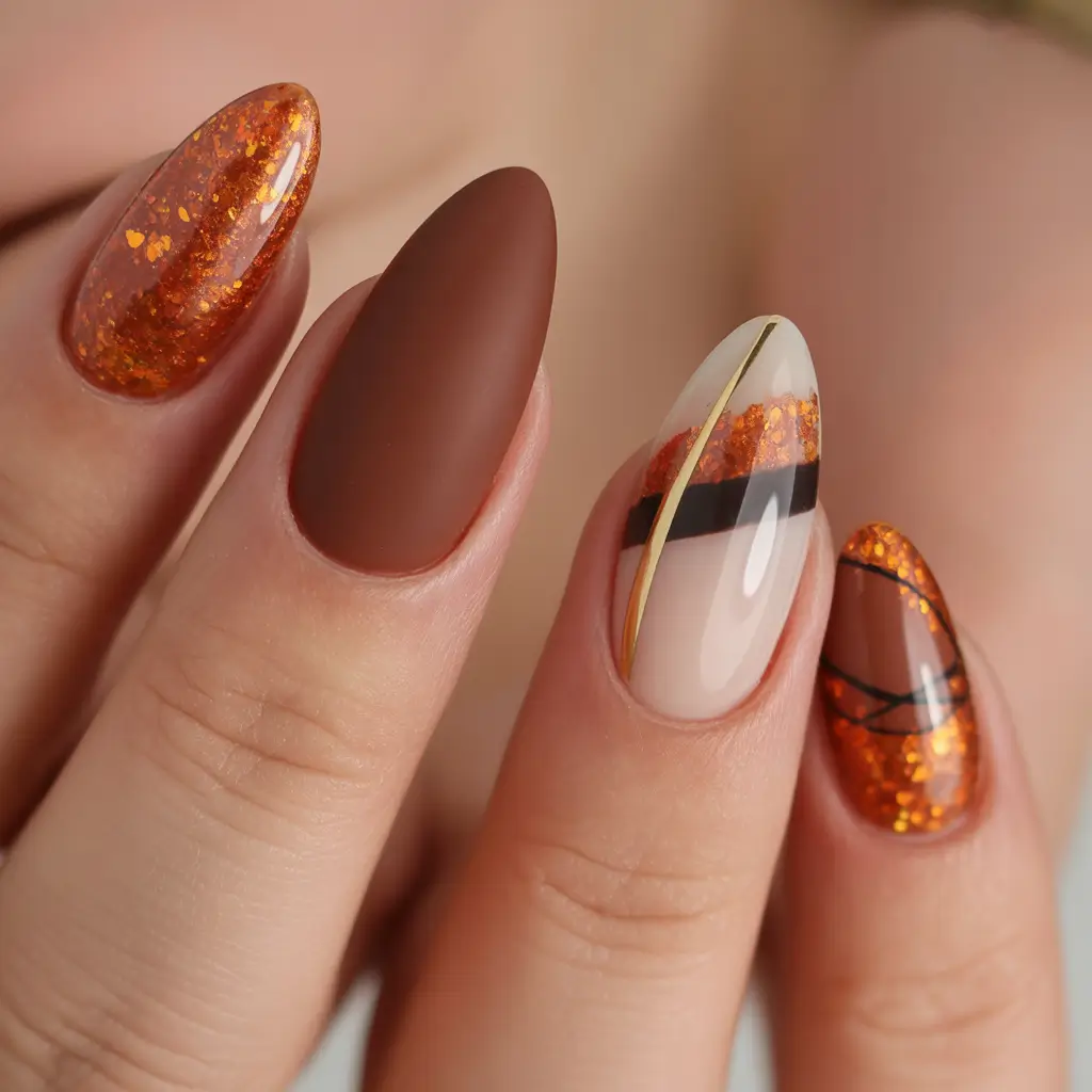 Fall Nail Design for October 2025 Warm Cocoa Mix with Glitter Highlights