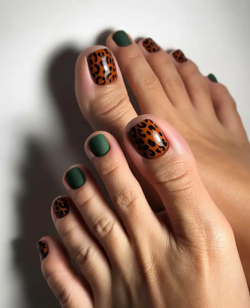 Colors autumn pedicure Leopard Meets Forest Green