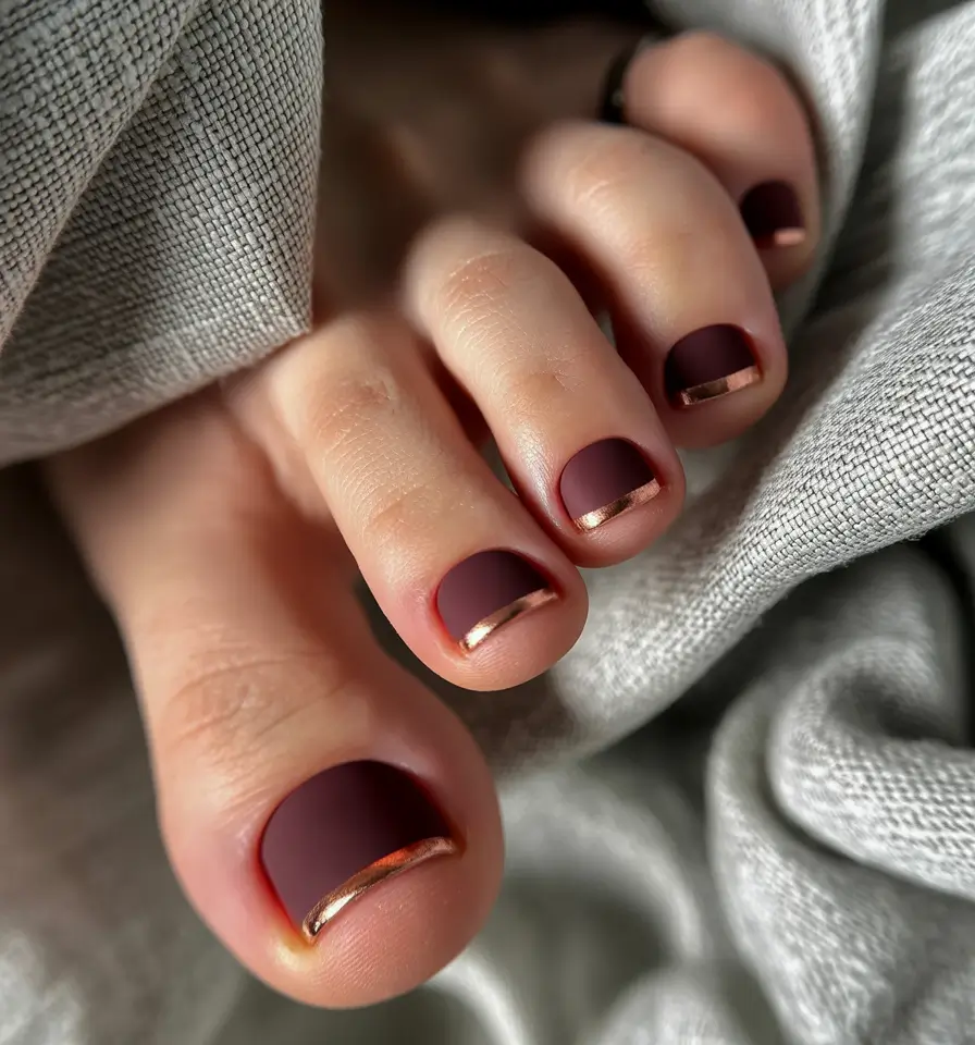 Colors autumn pedicure Matte Burgundy with Metallic Tips