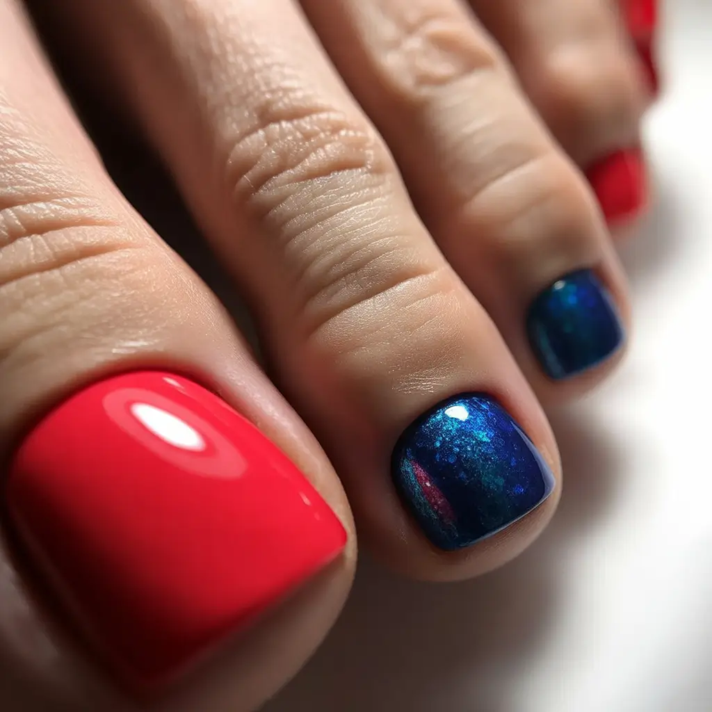 Colors autumn pedicure Red Meets Shimmering Blue