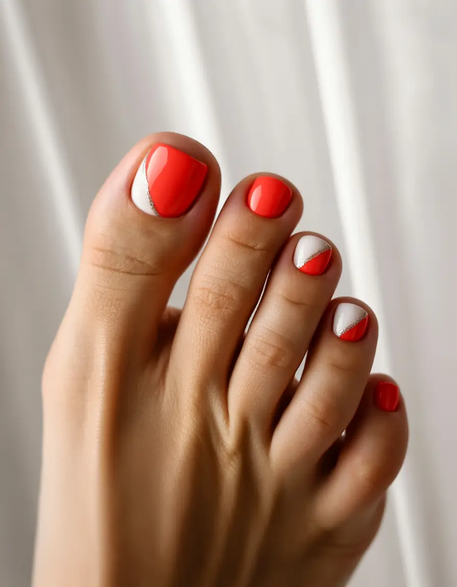 Colors autumn pedicure Diagonal Coral and White