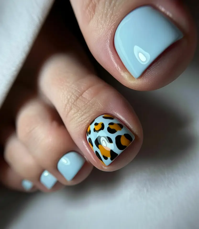 Colors autumn pedicure Soft Blue with Leopard Accent