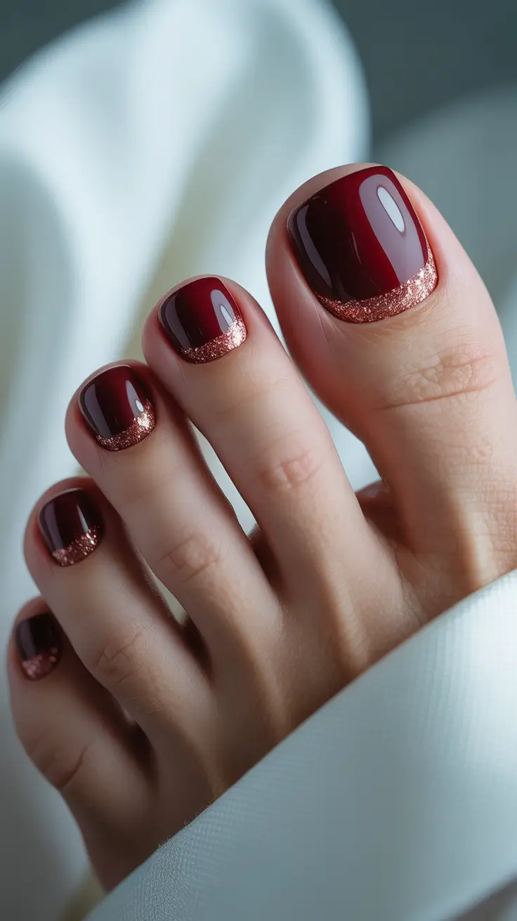 Colors autumn pedicure Wine-Red Glitter French