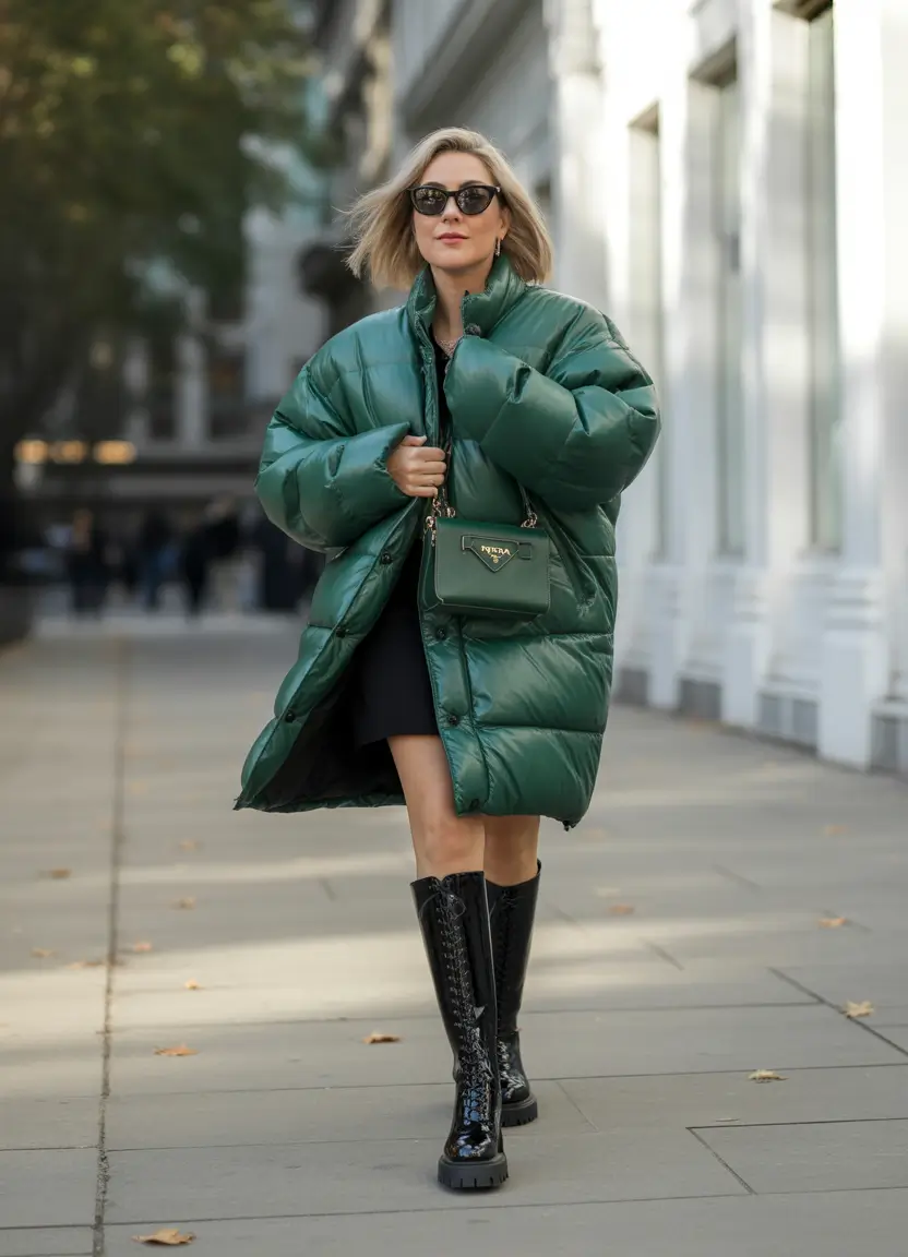 Fall to Winter Outfits 2025 Emerald Puffer with City Edge