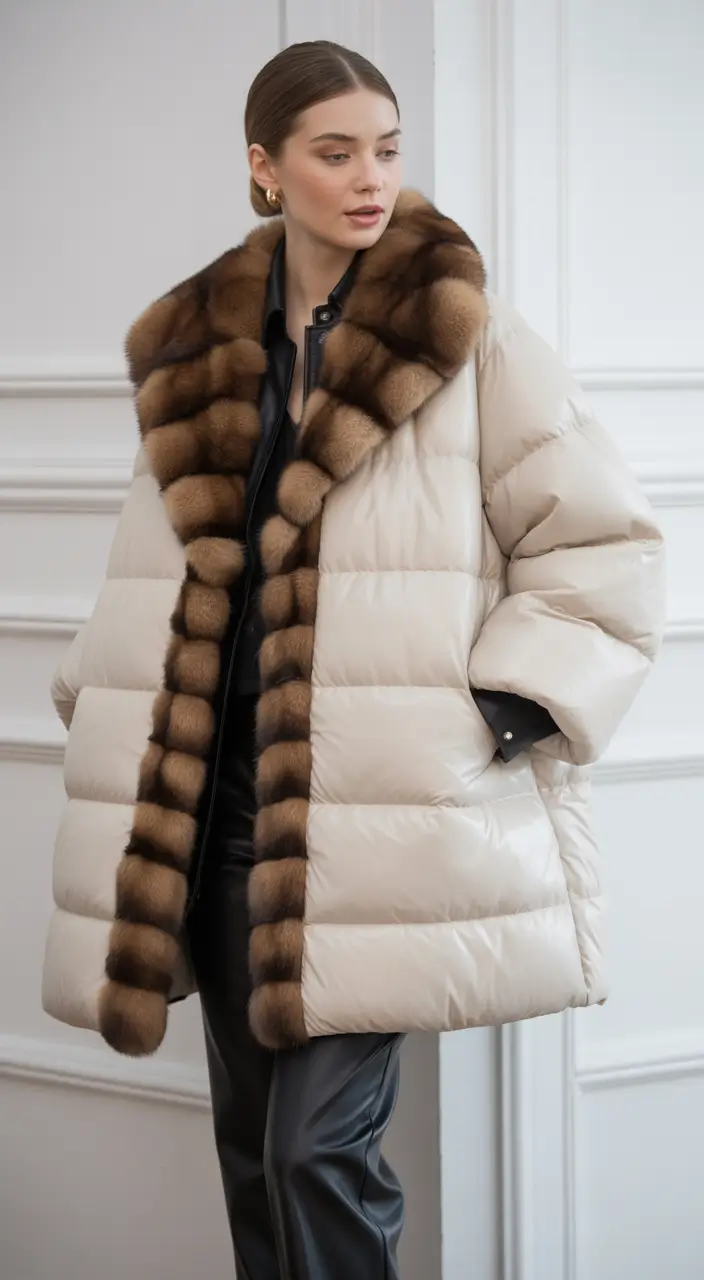 Fall to Winter Outfits 2025 Cozy & Chic Looks Champagne Puffer with Fur Accents