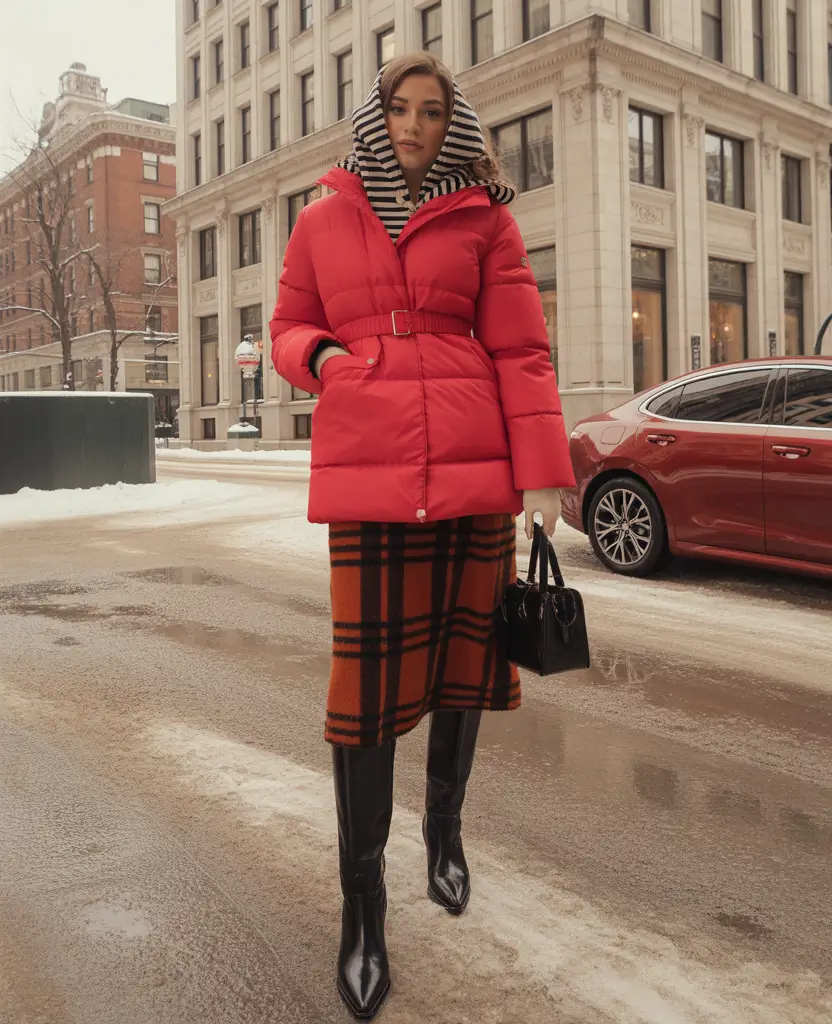 Fall to Winter Outfits 2025 Cozy & Chic Looks Red Puffer with Plaid Skirt Power