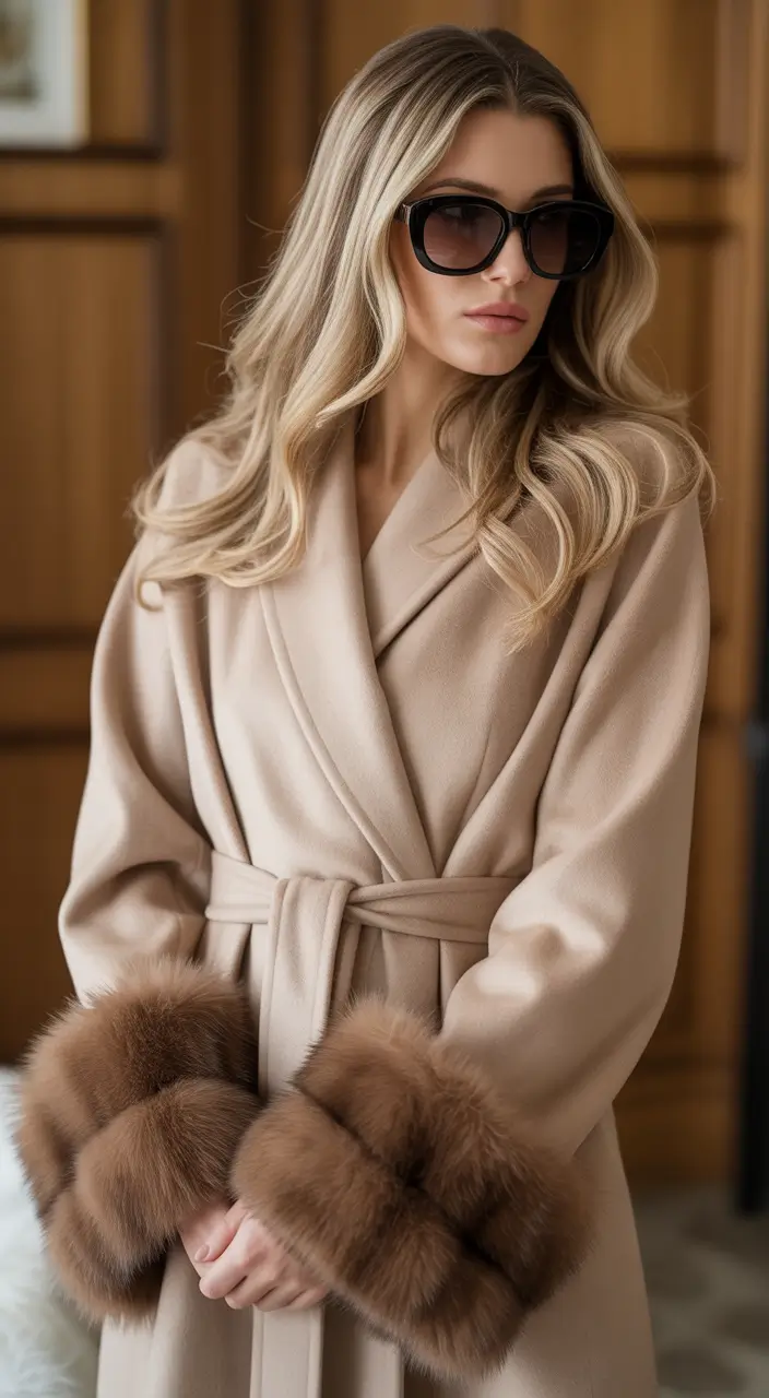 Fall to Winter Outfits 2025 Beige Wrap Coat with Fur Cuffs