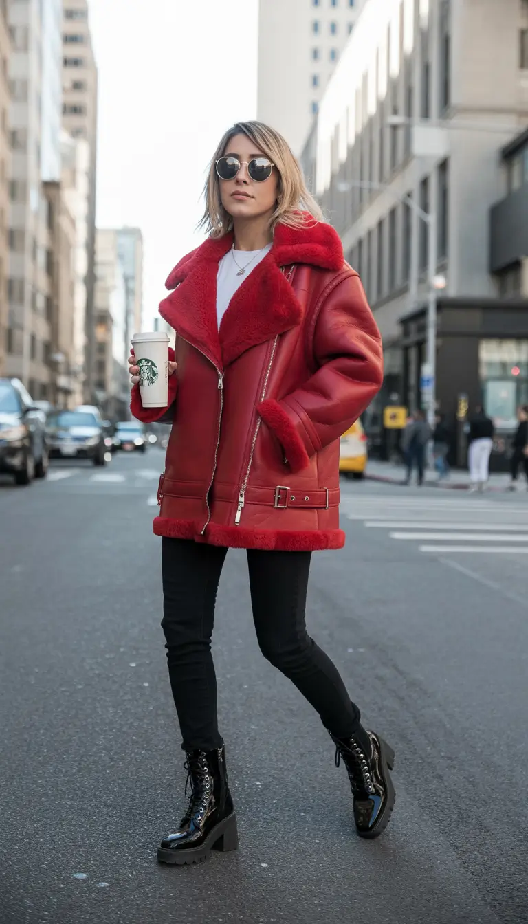 Fall to Winter Outfits 2025 Red Shearling Jacket with Street Style Energy