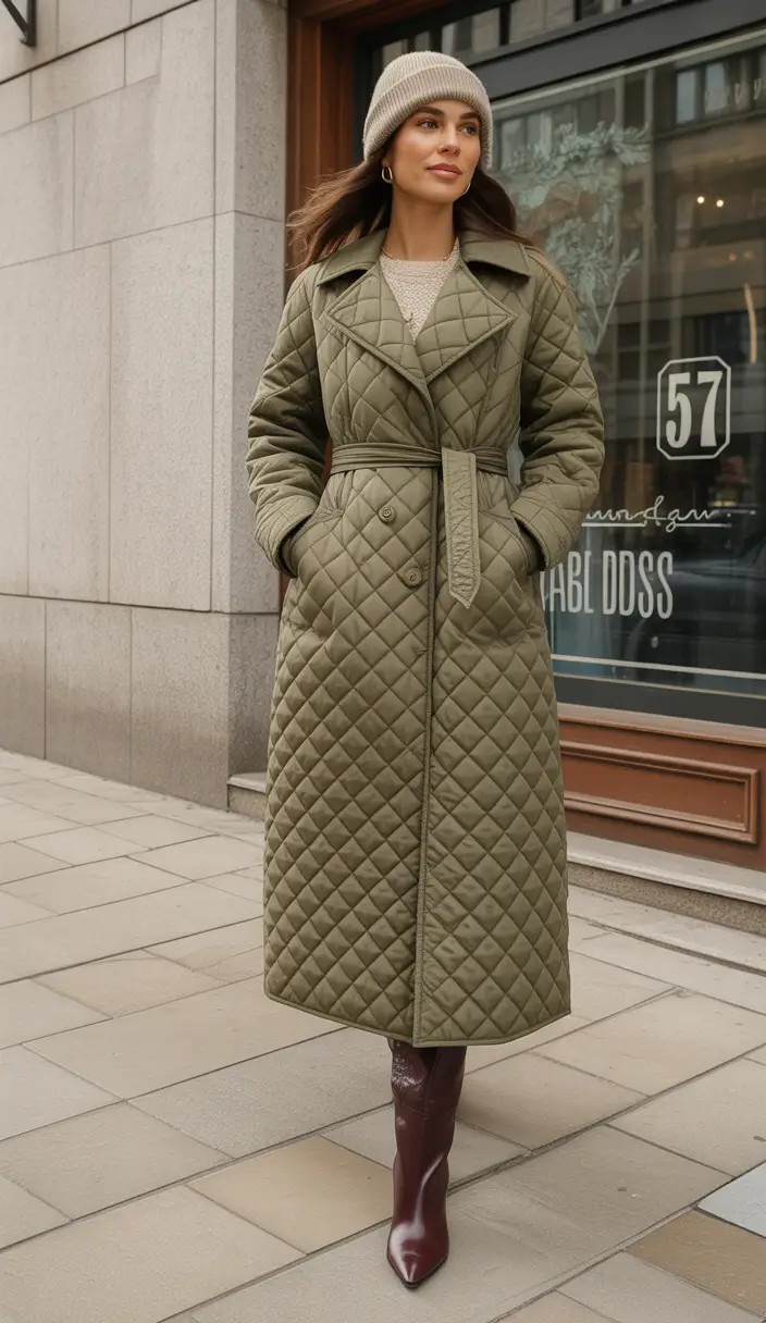 Fall to Winter Outfits 2025 Quilted Olive Coat with Sleek Accessories
