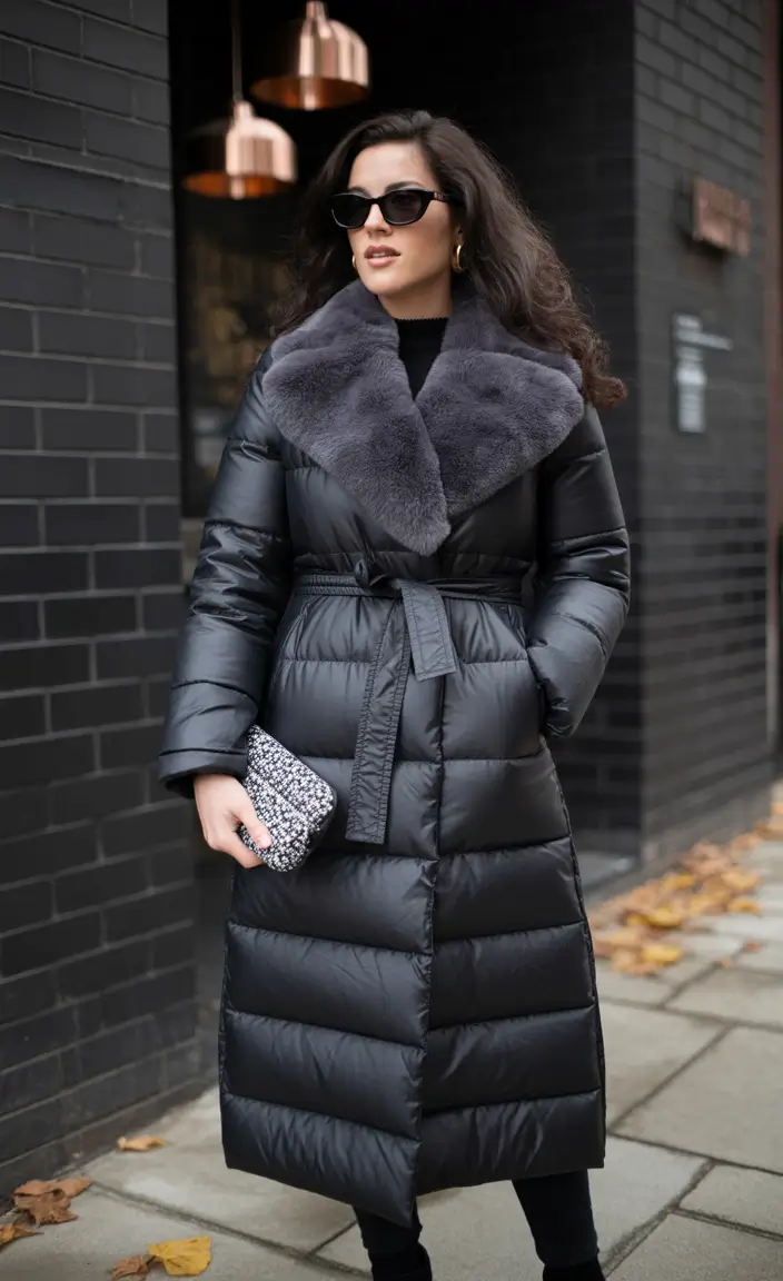 Fall to Winter Outfits 2025 Black Puffer with Fur Collar Drama