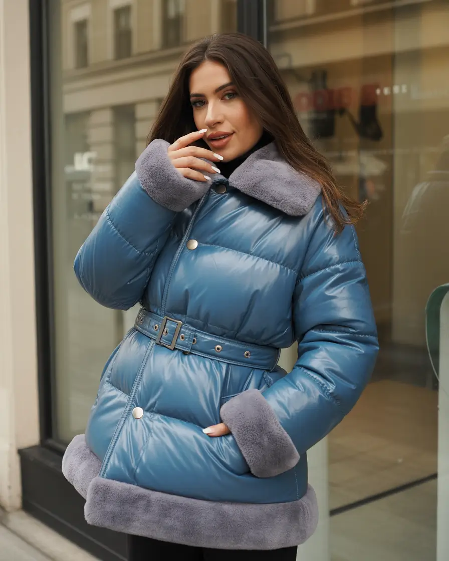 Fall to Winter Outfits 2025 Powder Blue Puffer with Fur Accents