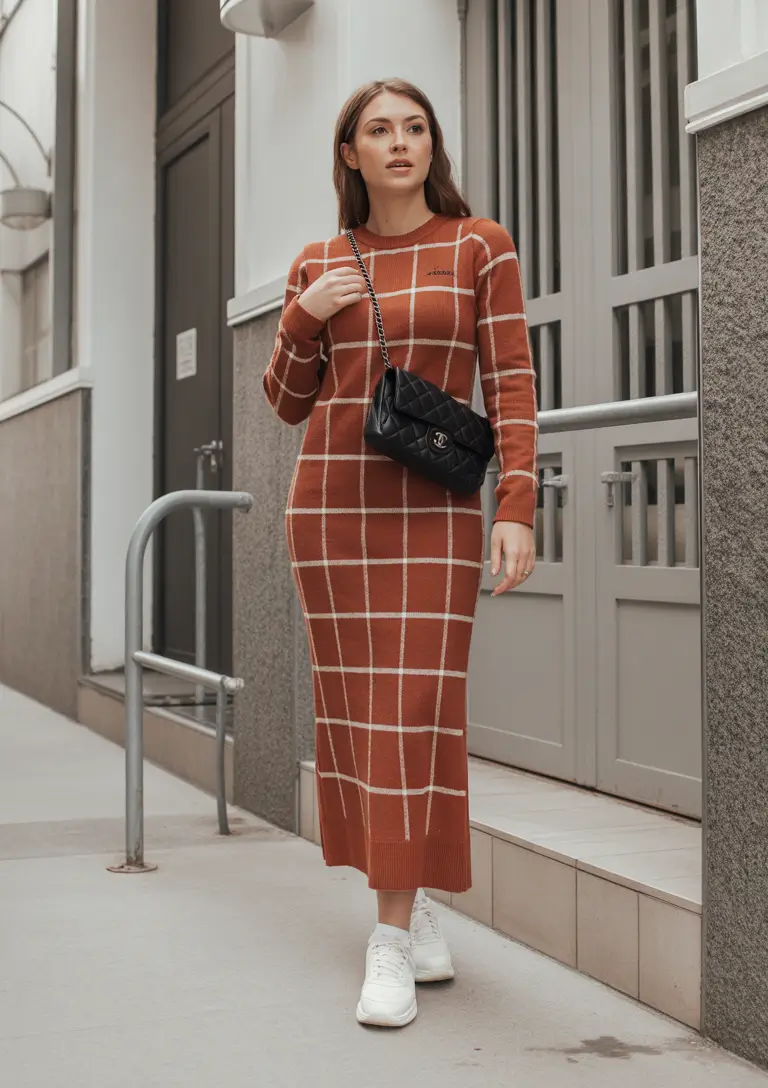 Fall to Winter Outfits 2025 Cozy & Chic Looks Rust Checked Knit Dress