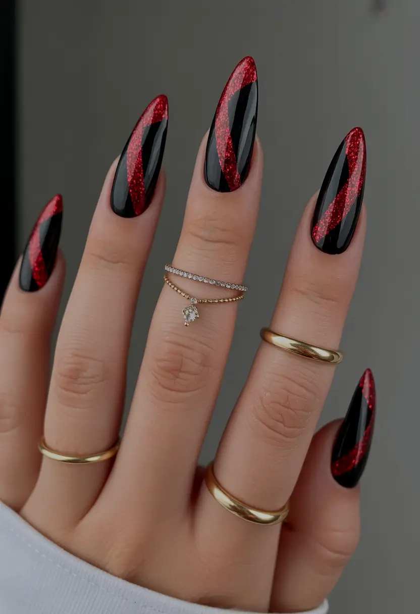 Fall Winter Nail Colors Trends 2025–2026 Black with Red Glitter Stripes