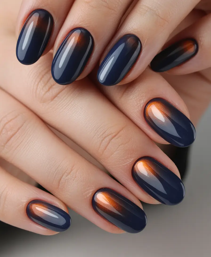 Fall Winter Nail Colors Trends 2025–2026 Navy Blue with Copper Glow