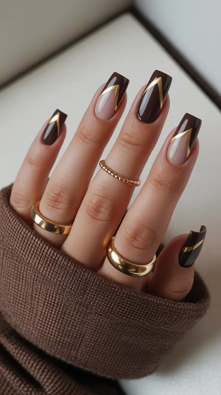 Fall Winter Nail Colors Trends 2025–2026 Chocolate and Gold Geometric