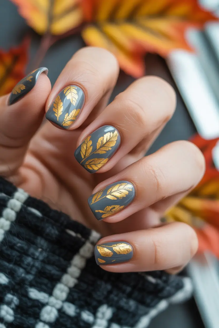 Fall Winter Nail Colors Trends 2025–2026 Golden Leaves on Slate Grey