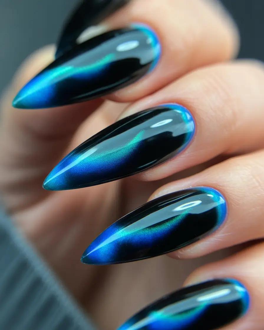Fall Winter Nail Colors Trends 2025–2026 Blue Chrome Shift on Black Base