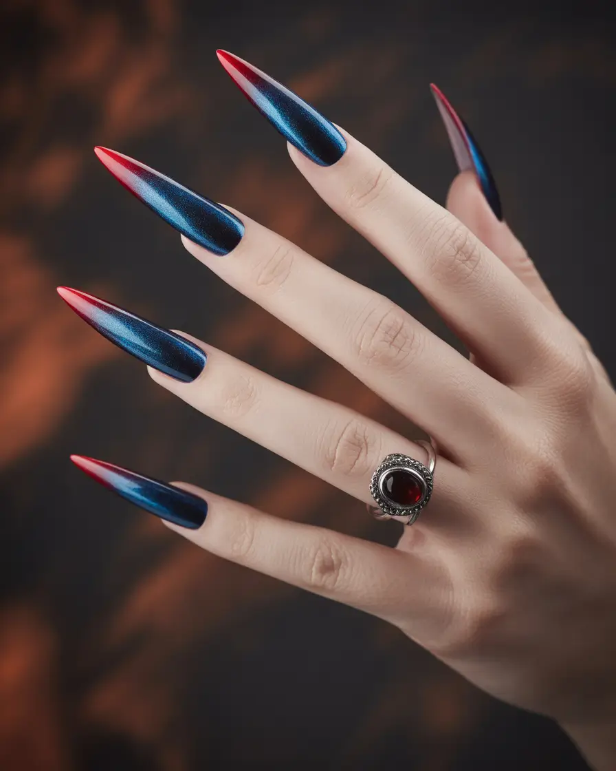 Fall Winter Nail Colors Trends 2025–2026 Blue and Red Stiletto Drama