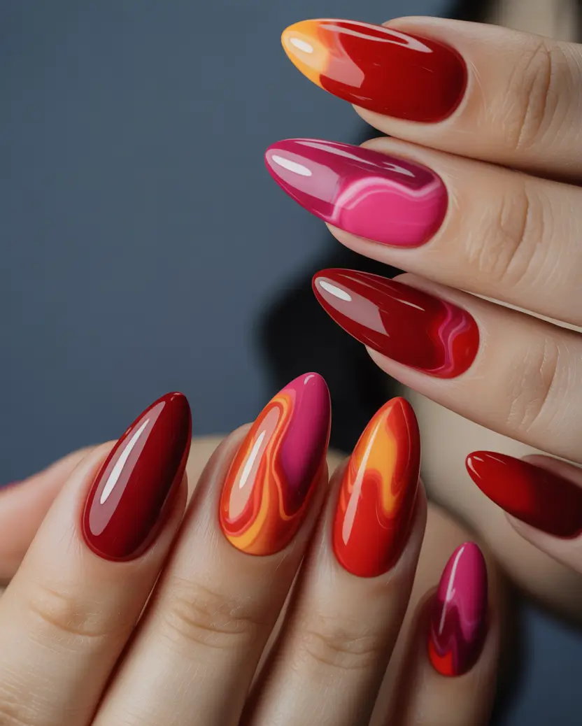 Fall Winter Nail Colors Trends 2025–2026 Red and Pink Marble Flow