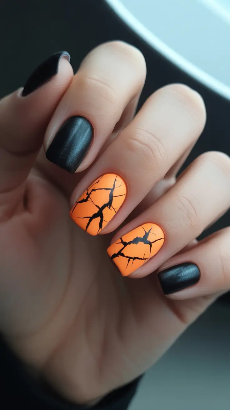 Fall Winter Nail Colors Trends 2025–2026 Orange and Black Cracked Contrast