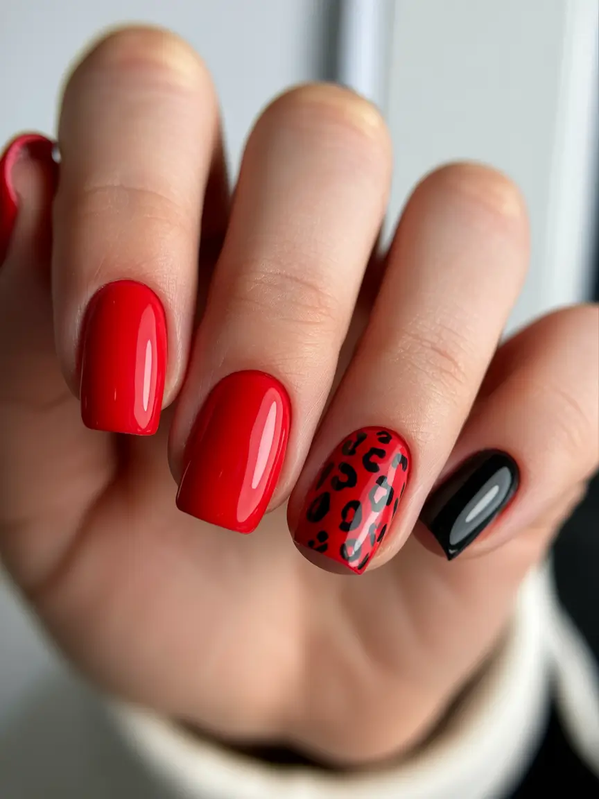 Fall Winter Nail Colors Trends 2025–2026 Glossy Red With Leopard Detail