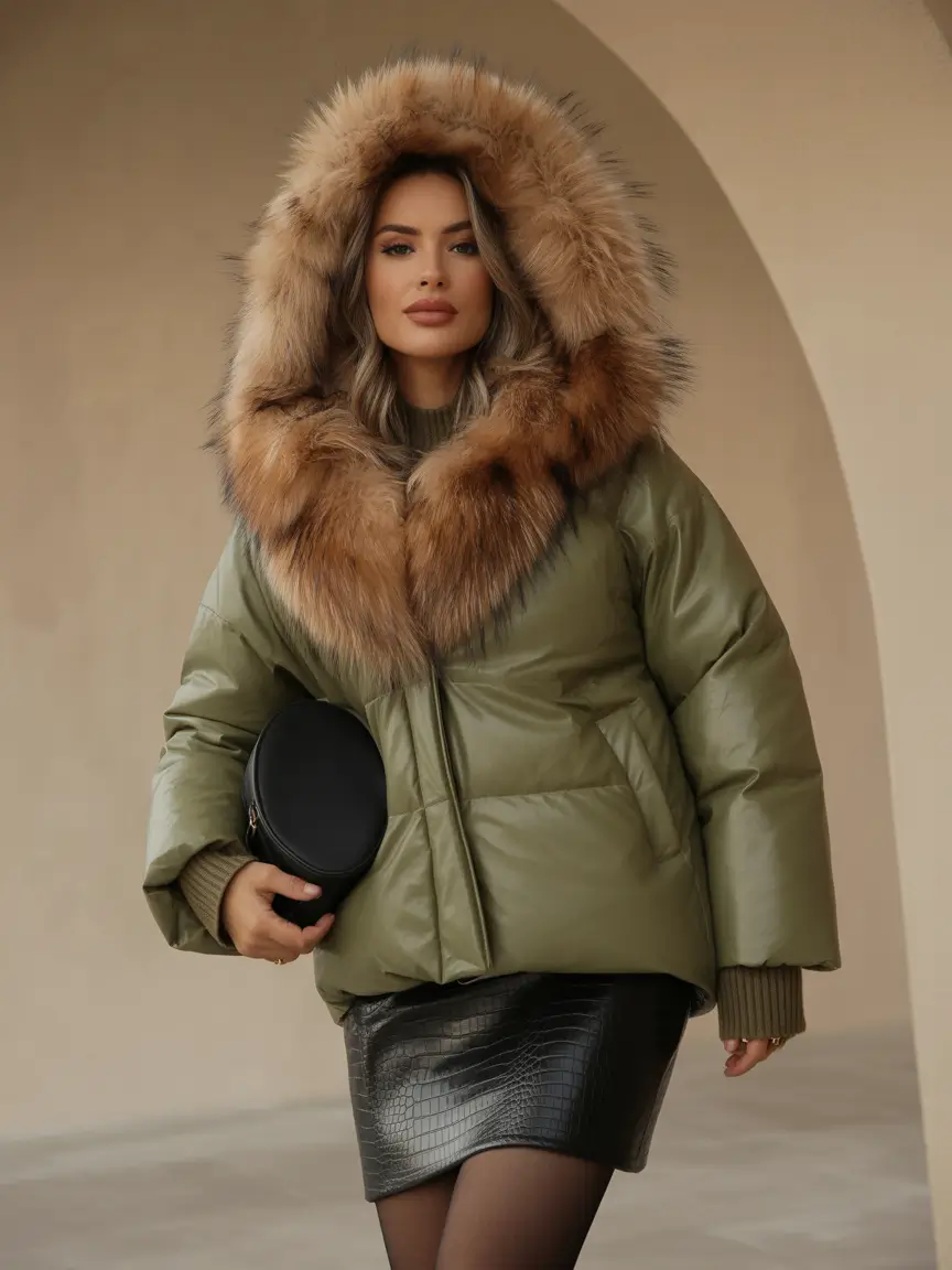 Fashion Cozy Outfit for Winter 2025 2026 Olive Puffer with Luxe Fur Trim