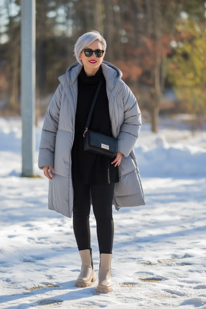 Fashion Cozy Outfit for Winter 2025 2026 Gray Puffer with Black Base and Beige Boots