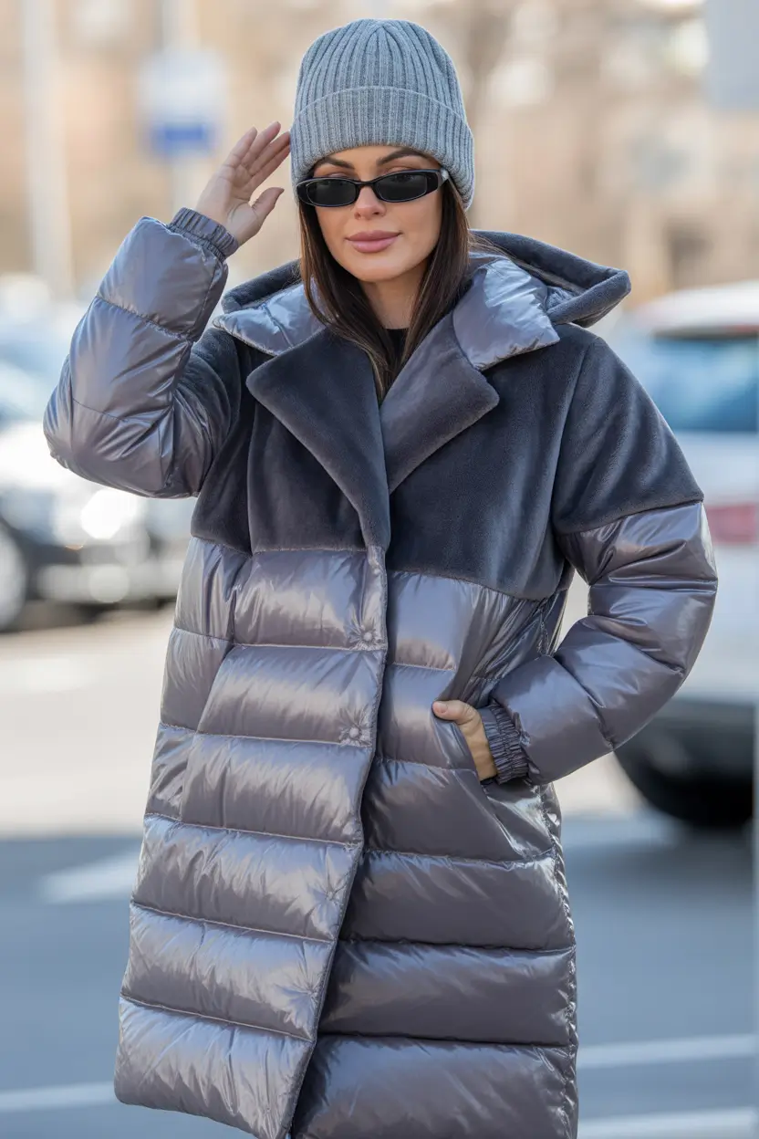 Fashion Cozy Outfit for Winter 2025 2026 Glossy Gray Puffer with Knit Beanie