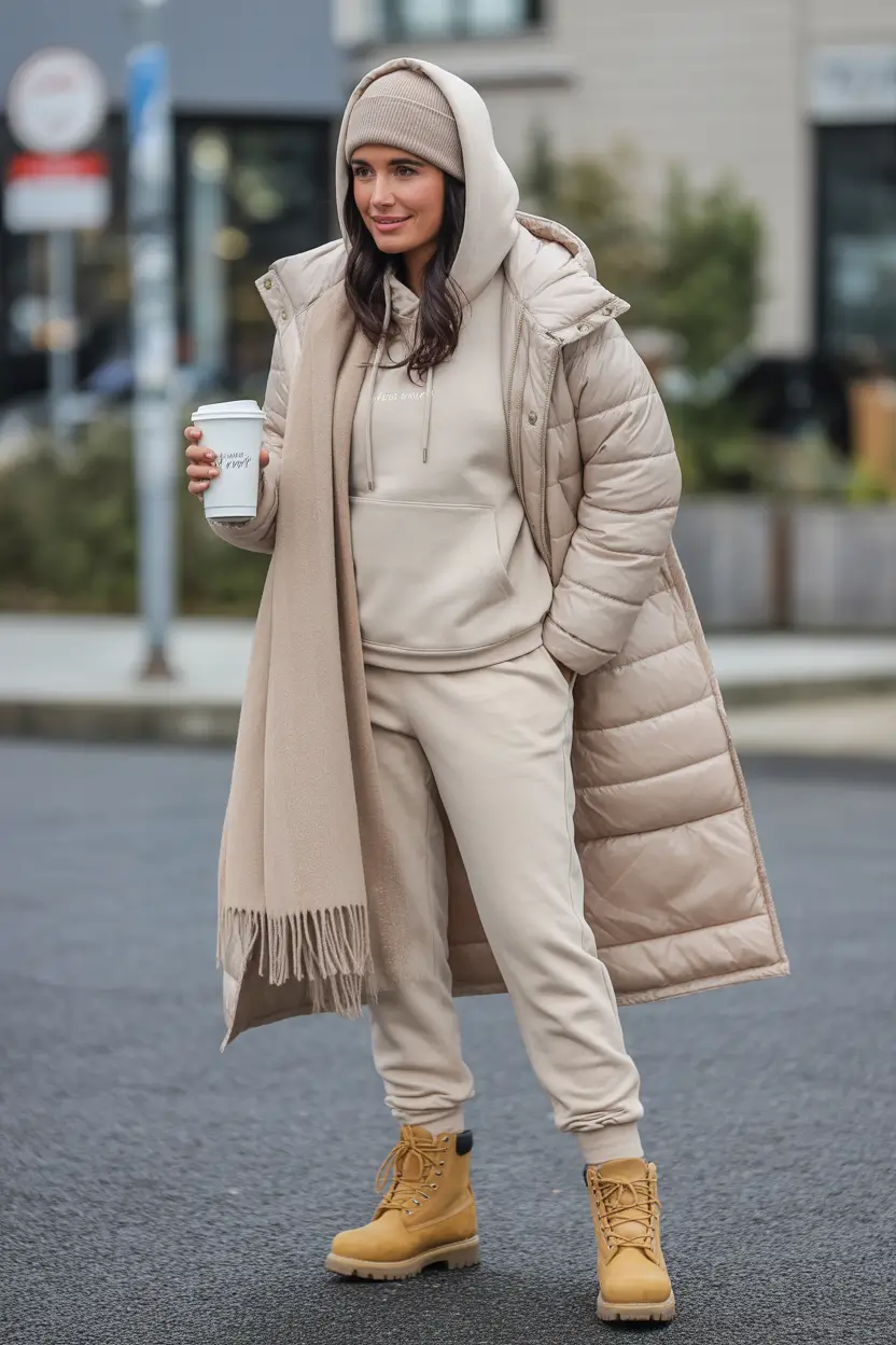 Fashion Cozy Outfit for Winter 2025 2026 Monochrome Beige Tracksuit with Long Puffer