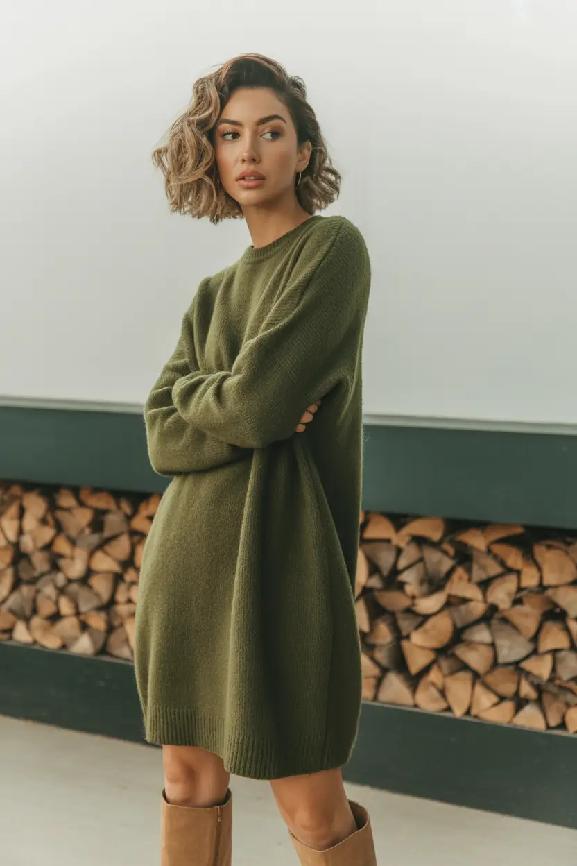 Fashion Cozy Outfit for Winter 2025 2026 Olive Knit Dress with Tall Boots
