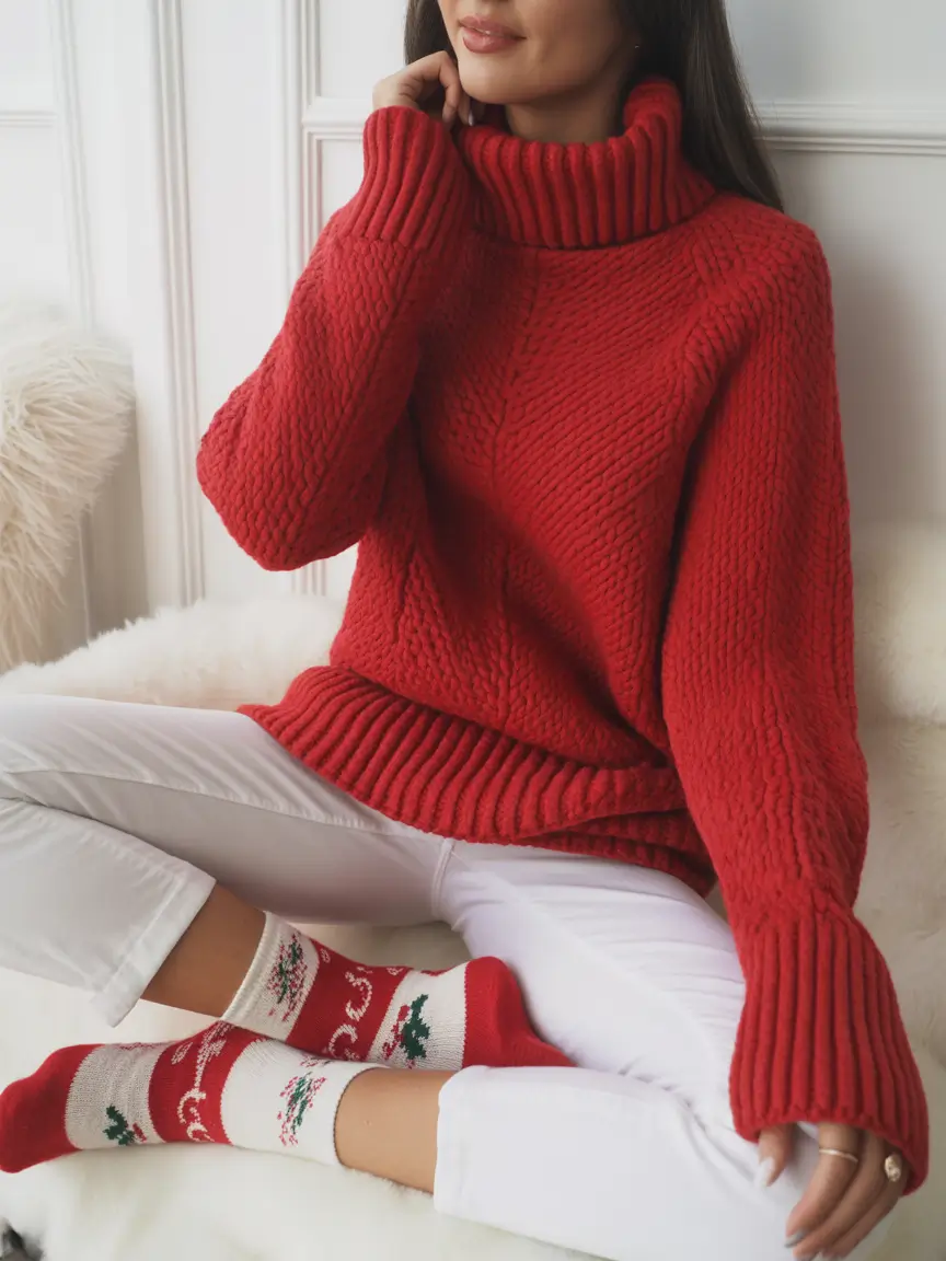 Fashion Cozy Outfit for Winter 2025 2026 Red Knit with White Pants