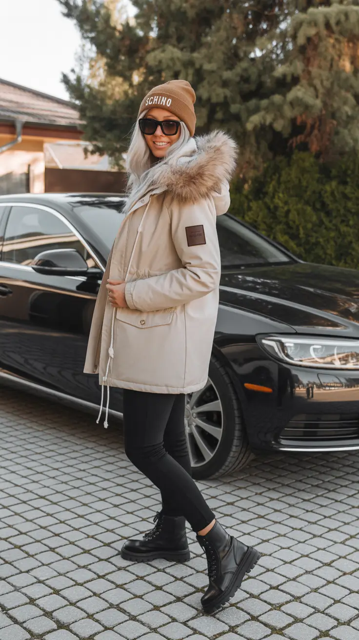 Fashion Cozy Outfit for Winter 2025 2026 Beige Parka with Fur Hood